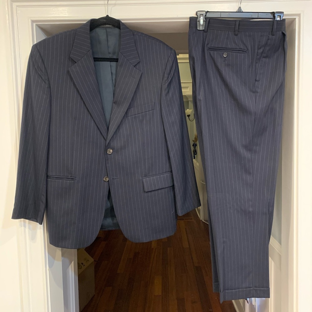 Men’s Chap’s Navy Blue Pinstripe Suit - 40s, 36x29